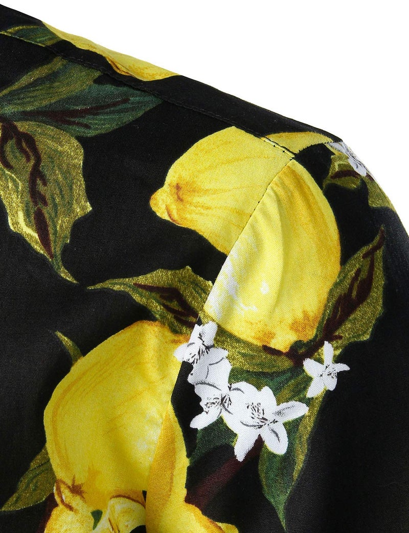 JOGAL Men's Cotton Button Down Short Sleeve Hawaiian Shirt Black Yellow XX-Large - Image 5